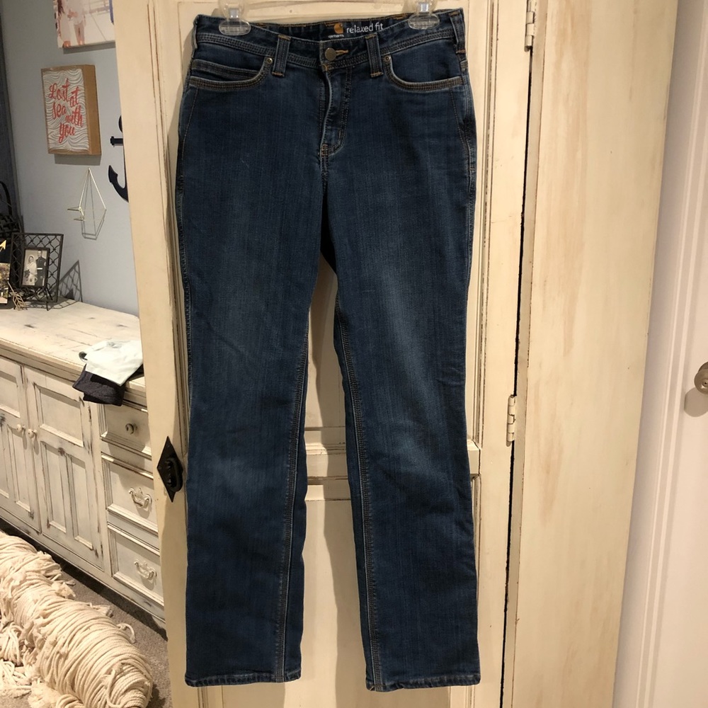 Carhartt relaxed fit flannel lined jeans.